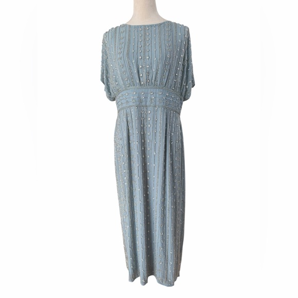 Mac Duggal Beaded Cap Sleeve Colum Midi Dress in Slate Blue - Picture 4 of 11